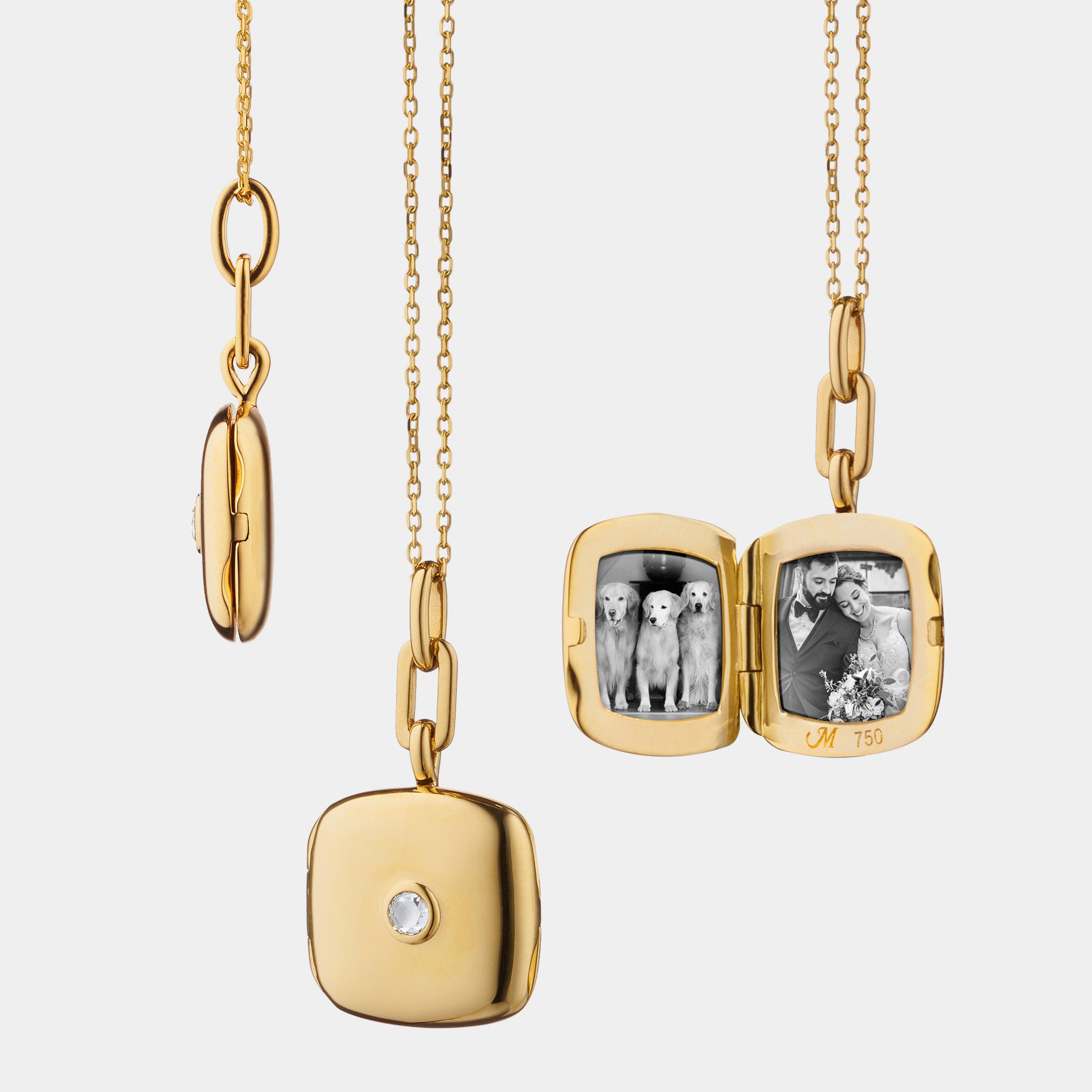 Yellow gold photo locket necklace with two photos on grey backgrounds