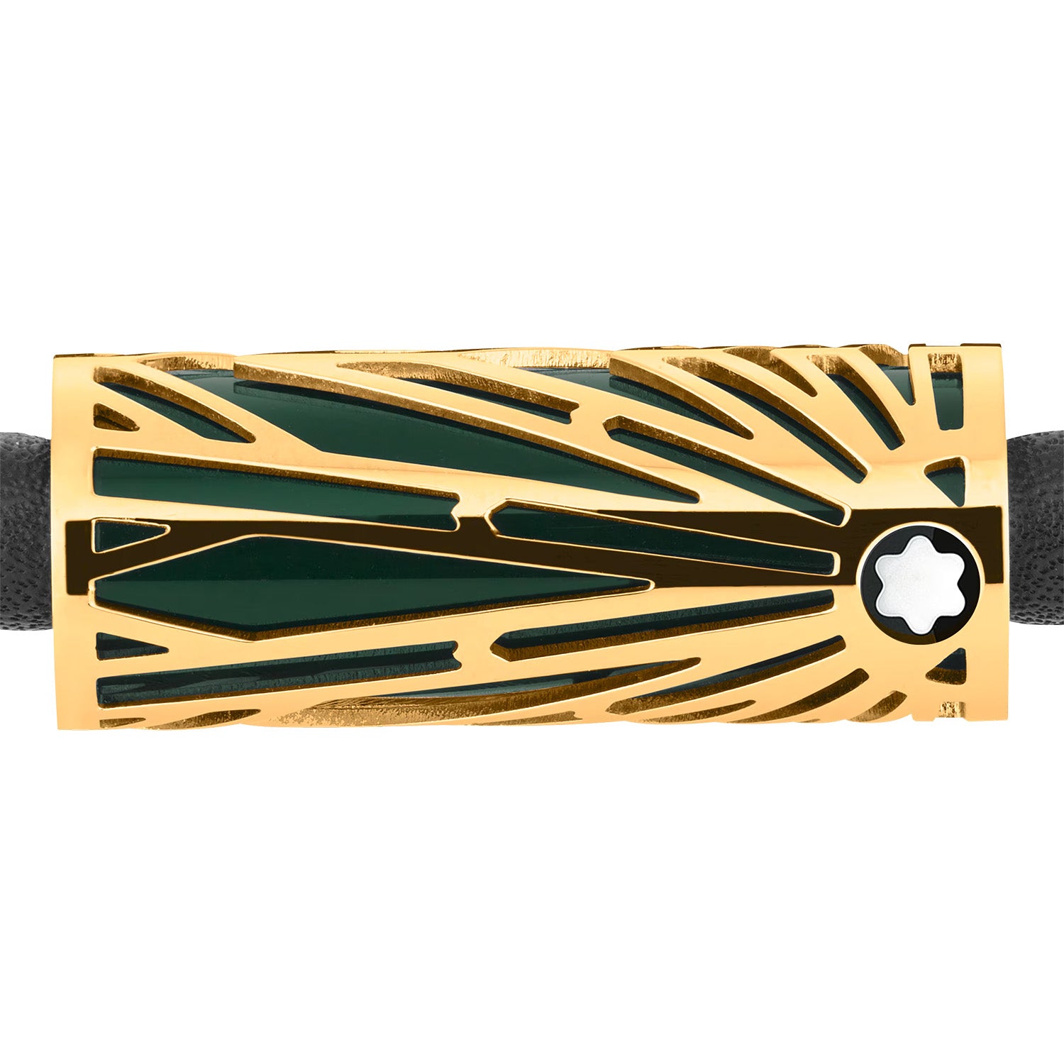 Montblanc Meisterstück Origin black leather bracelet with gold-tone stainless steel clasp featuring green lacquer detailing and Montblanc emblem on a grey background, clasp view.