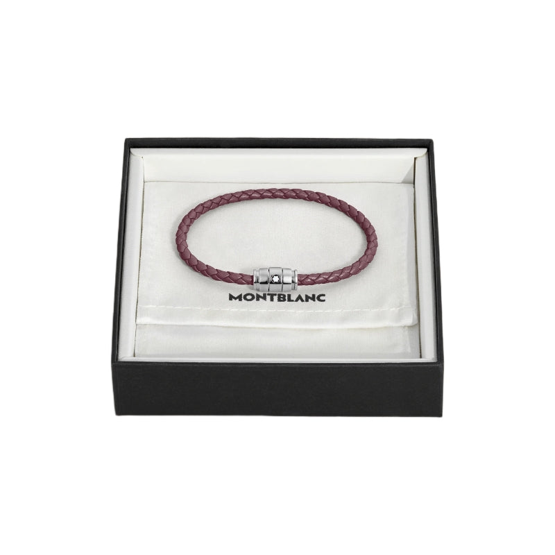 Purple leather bracelet with silver clasp in a Montblanc box on a white background