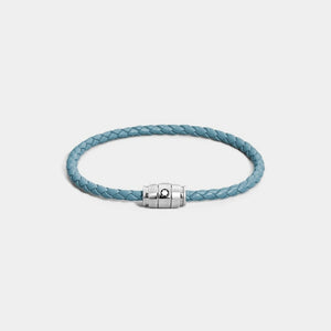Smoky Blue Woven Leather Bracelet with Stainless Steel Clasp