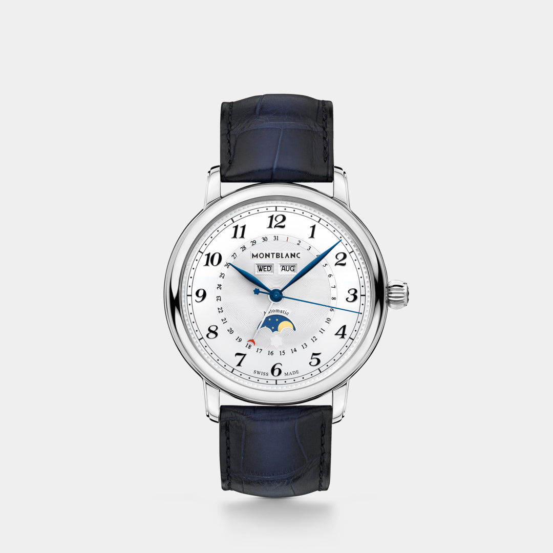 Montblanc watch with blue leather strap on a white background