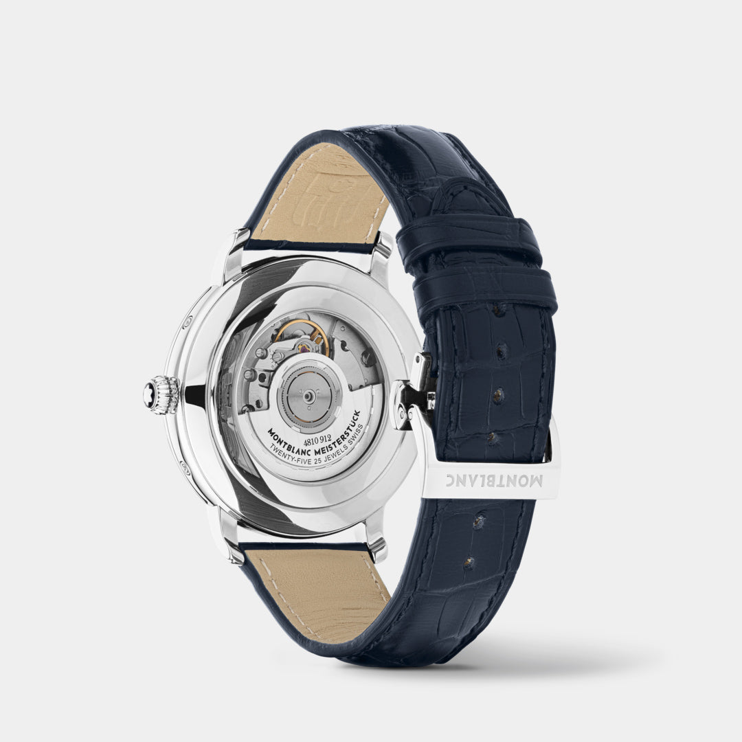 Watch with a blue strap and visible mechanical components on a white background