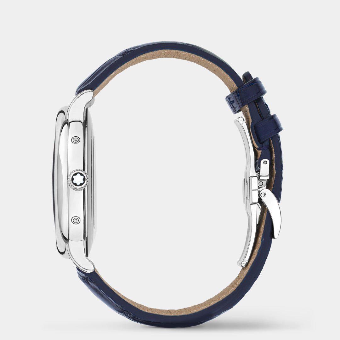 Blue watch strap with silver clasp on a white background