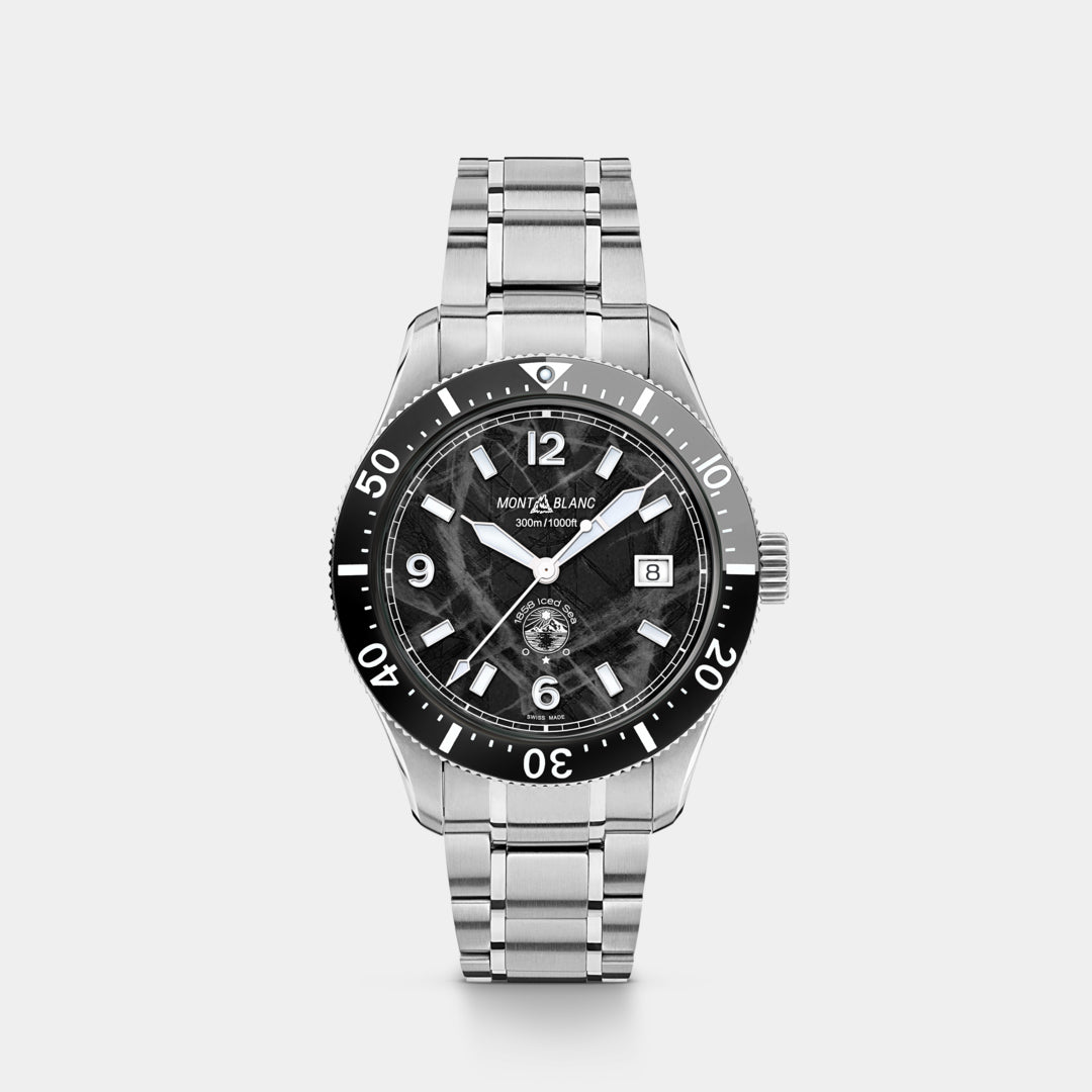Silver watch with black dial on a light gray background