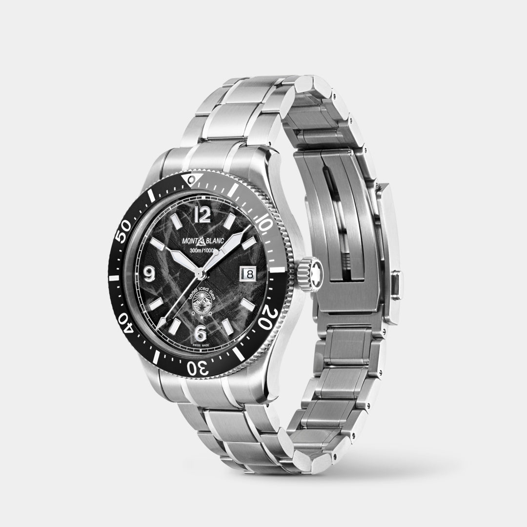Silver watch with black dial on a white background