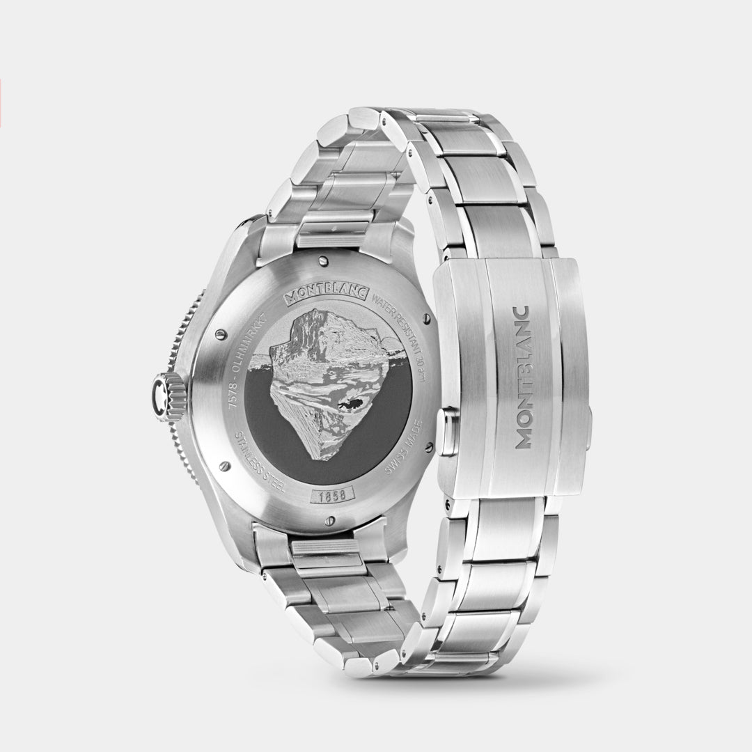 Silver Montblanc watch on a light gray background