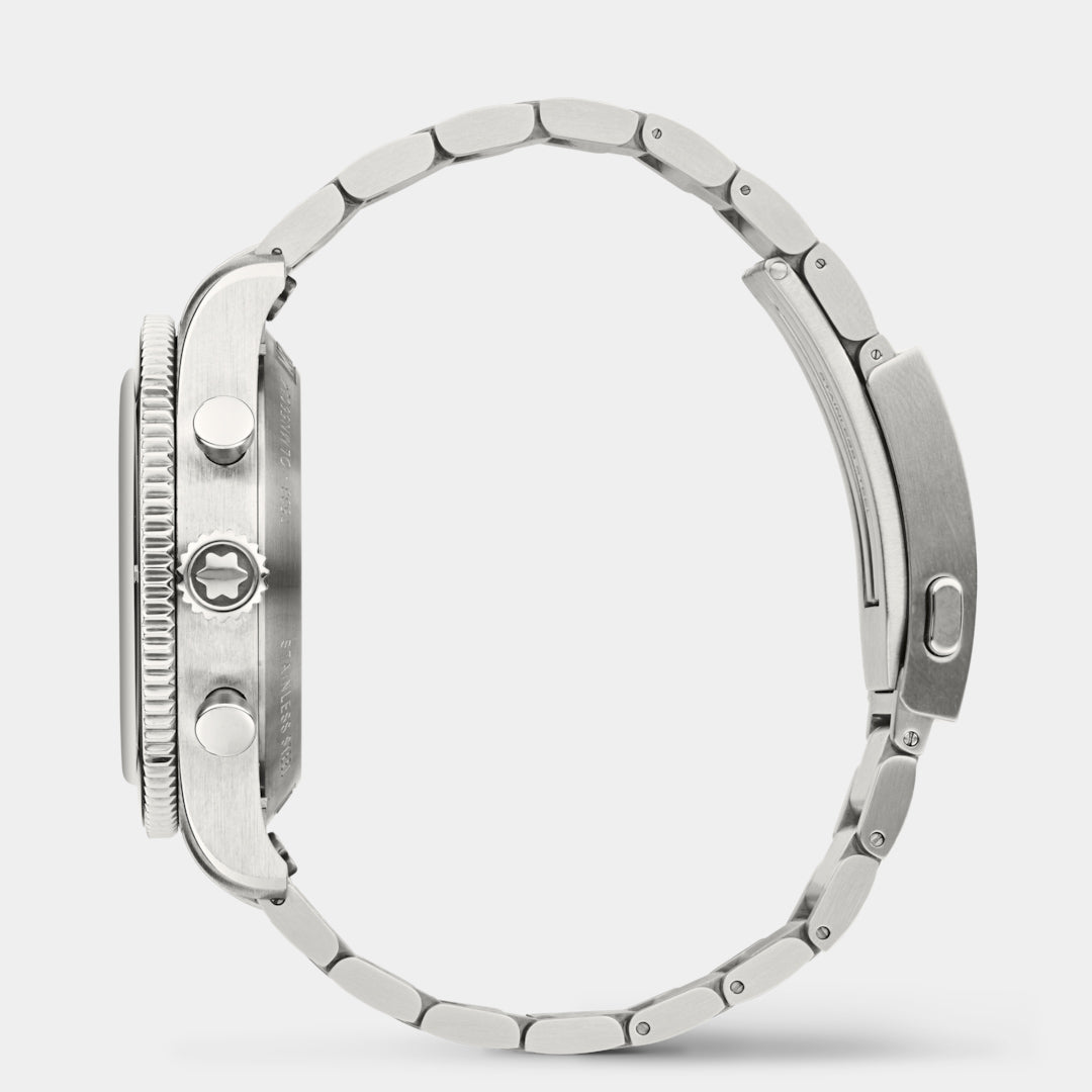 Close-up of a silver watch with a white background