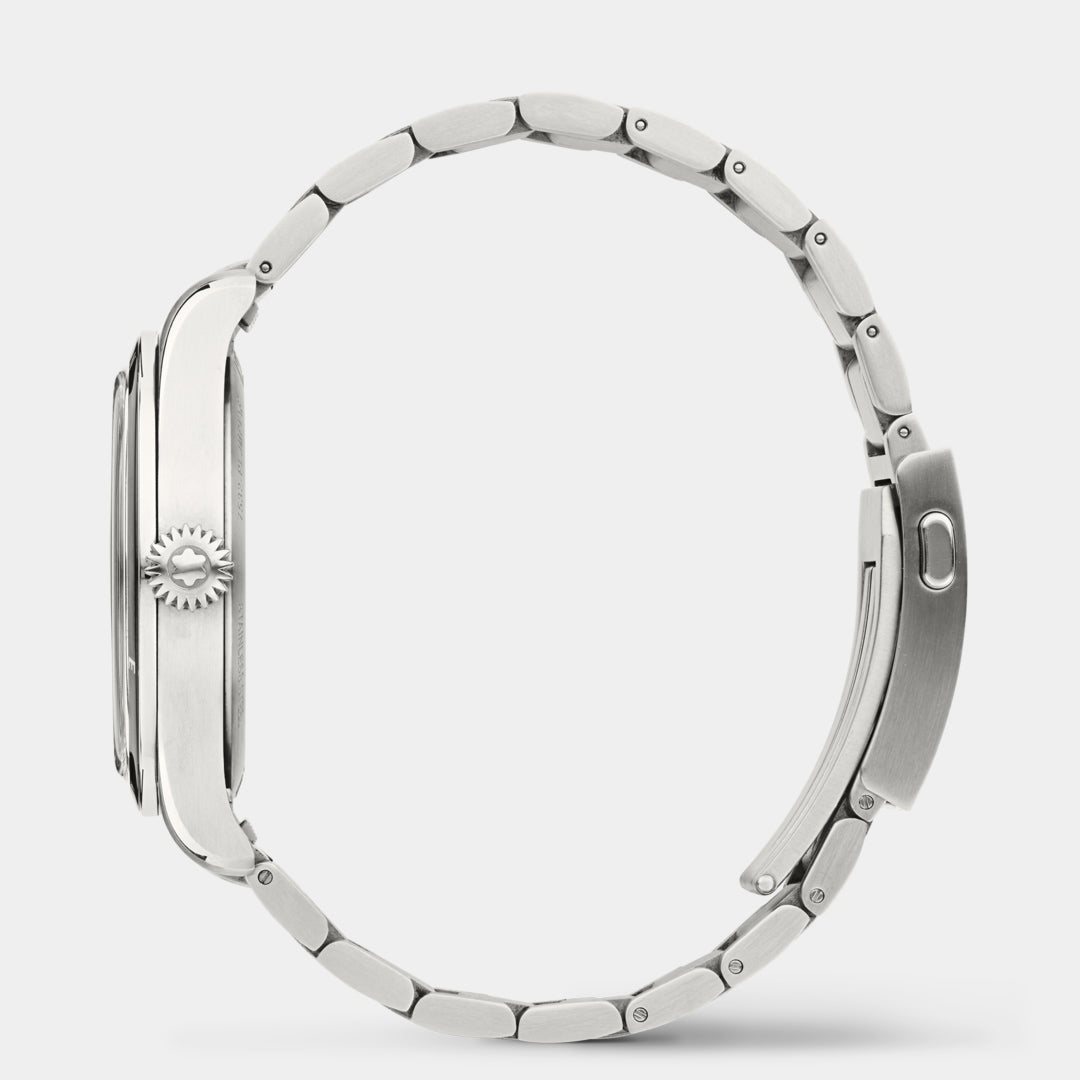 Silver watch strap on a white background