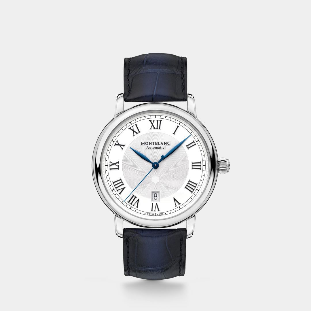 Montblanc watch with blue leather strap on a light gray background