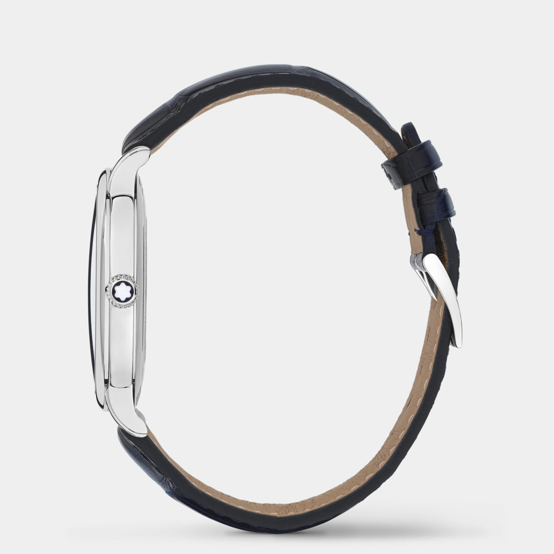 Watch with black leather strap and silver case on a light gray background