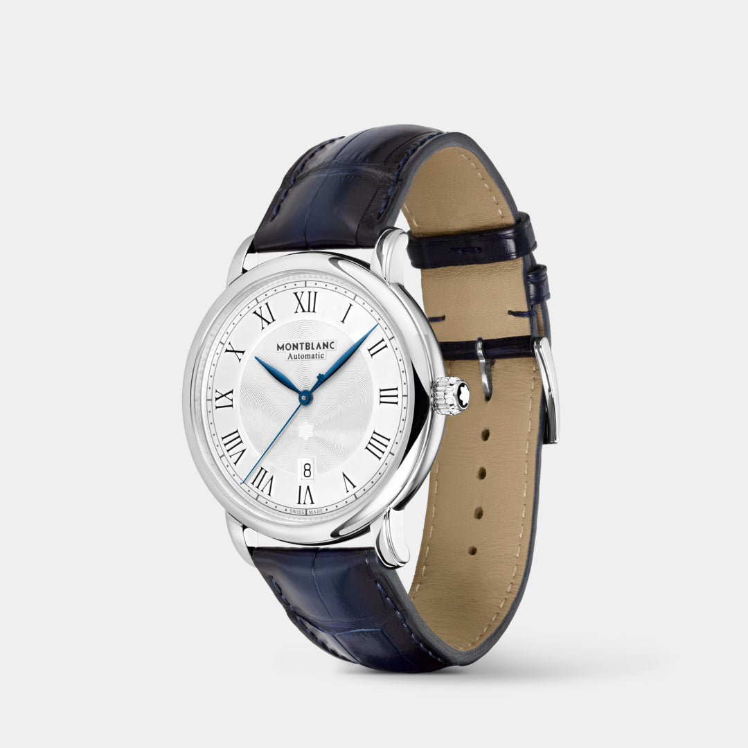 Montblanc watch with blue leather strap on a light gray background