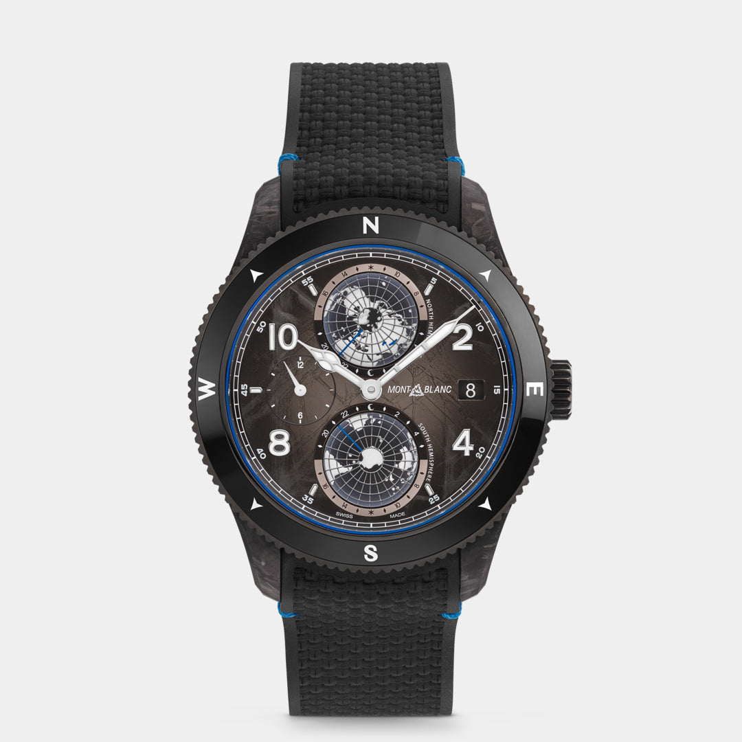 Black wristwatch with detailed face on a light gray background