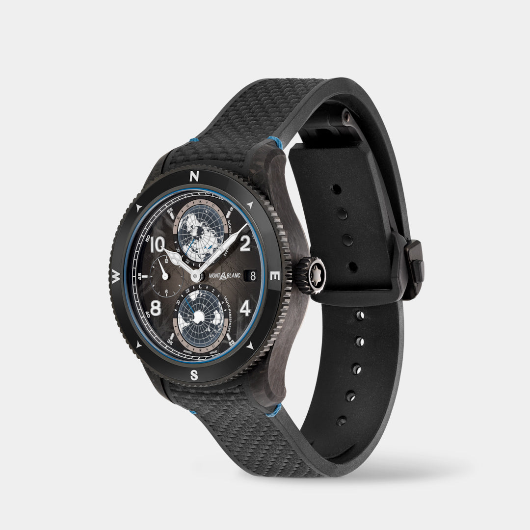 Black wristwatch with detailed face on a light gray background