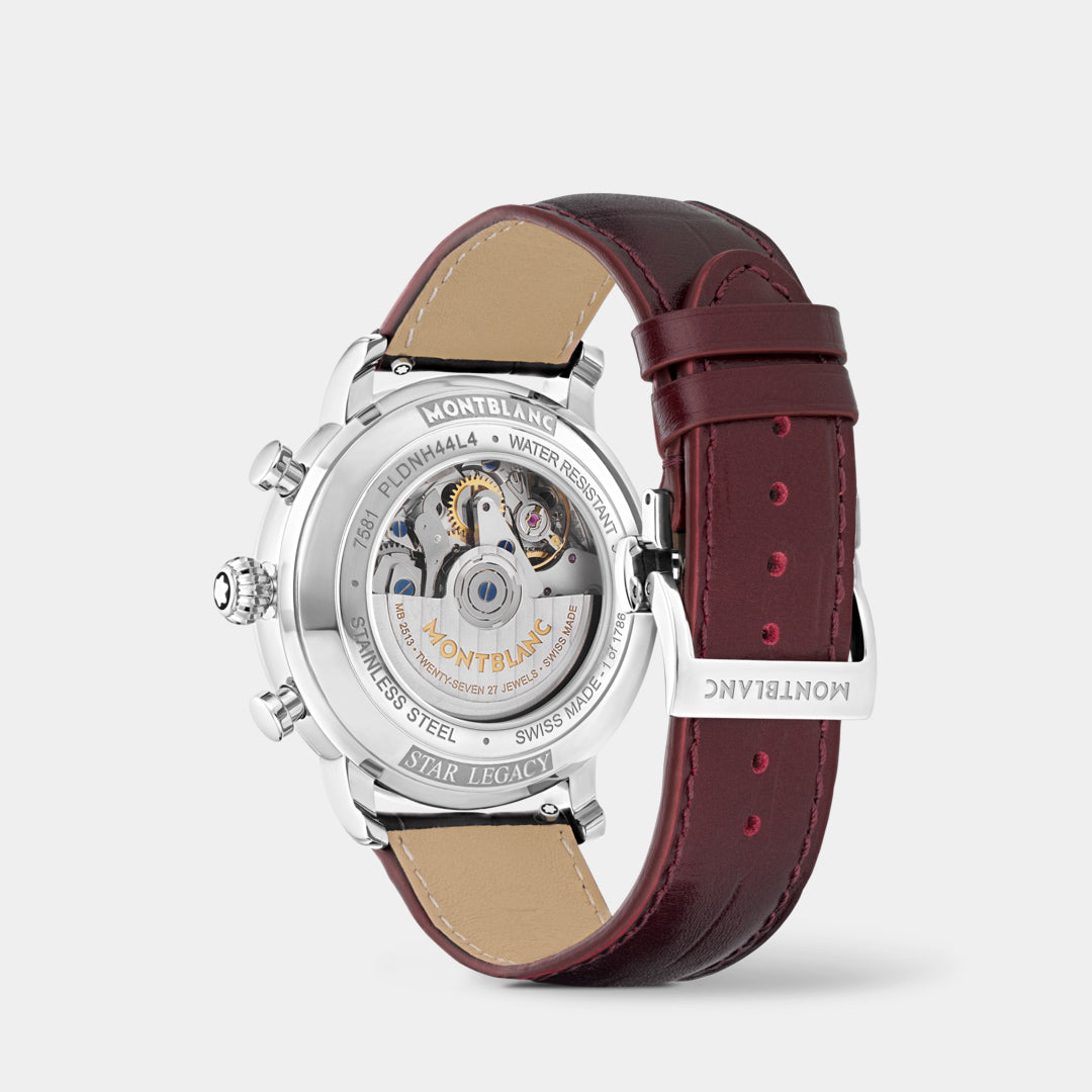 Montblanc watch with burgundy leather strap on a white background