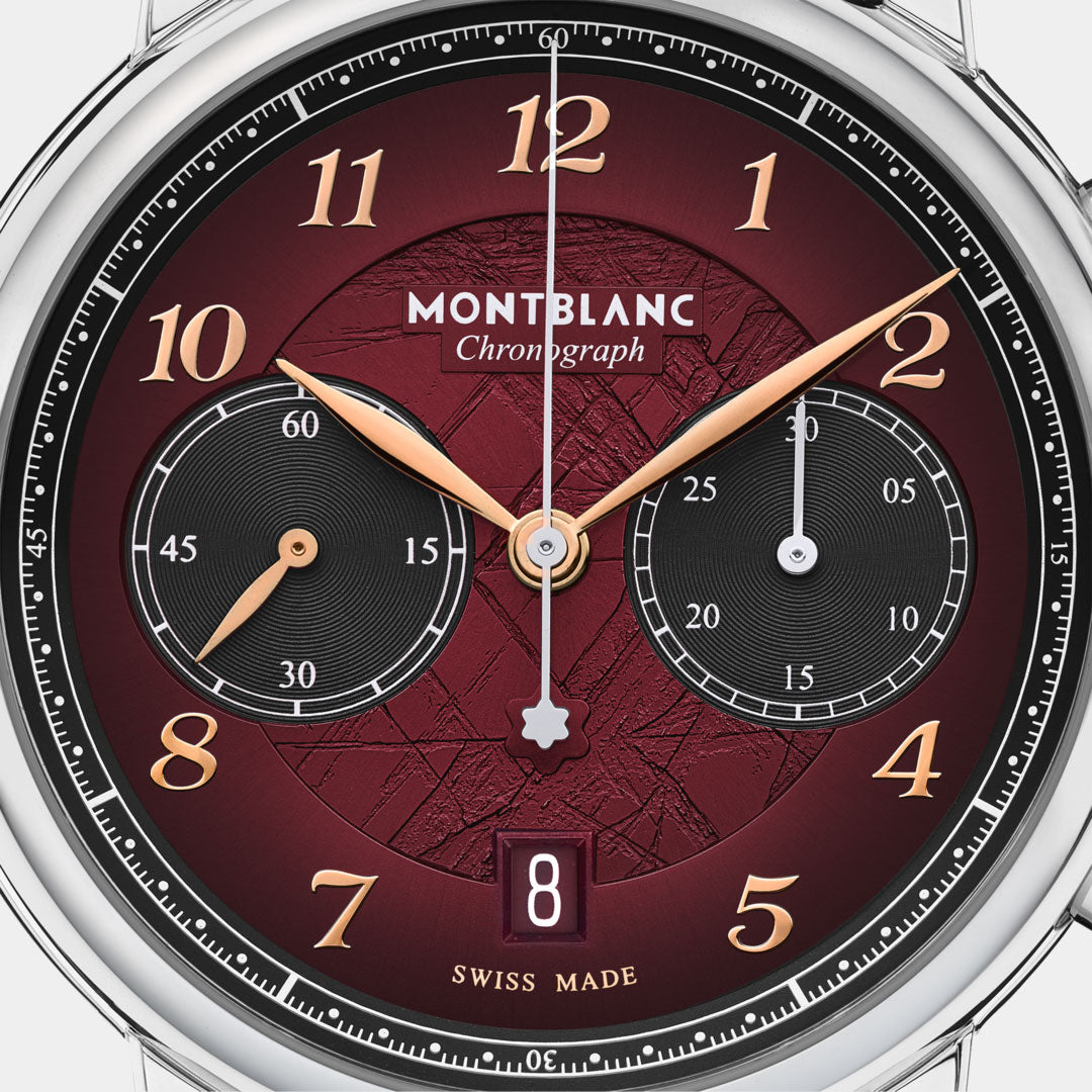 Montblanc chronograph watch with a dark red face and gold accents.