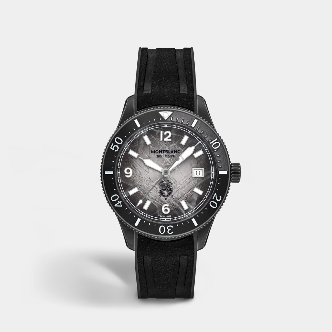 Black watch with a detailed face on a light gray background