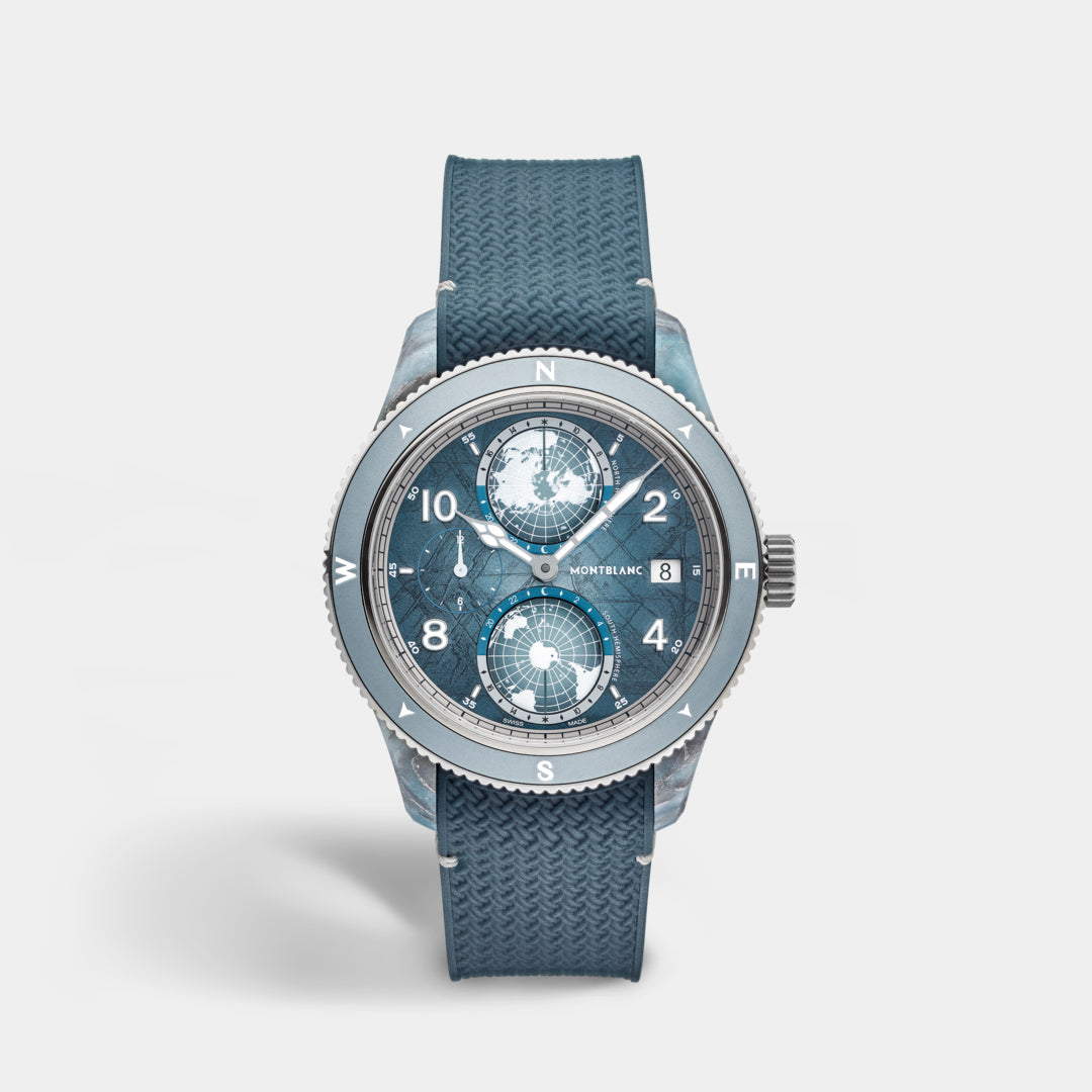 Blue wristwatch with detailed face on a light gray background