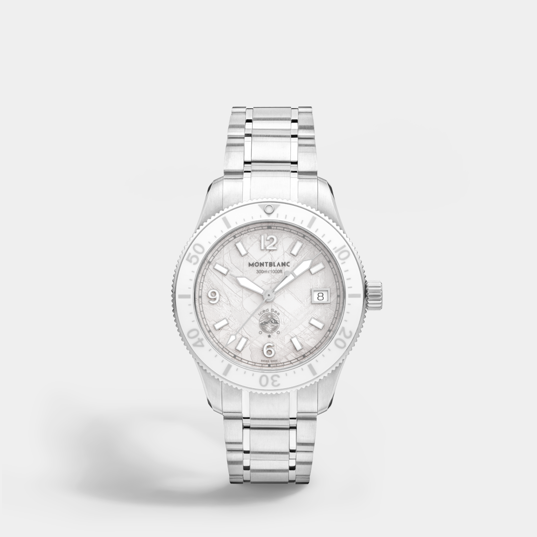 Silver watch with a white face on a light gray background