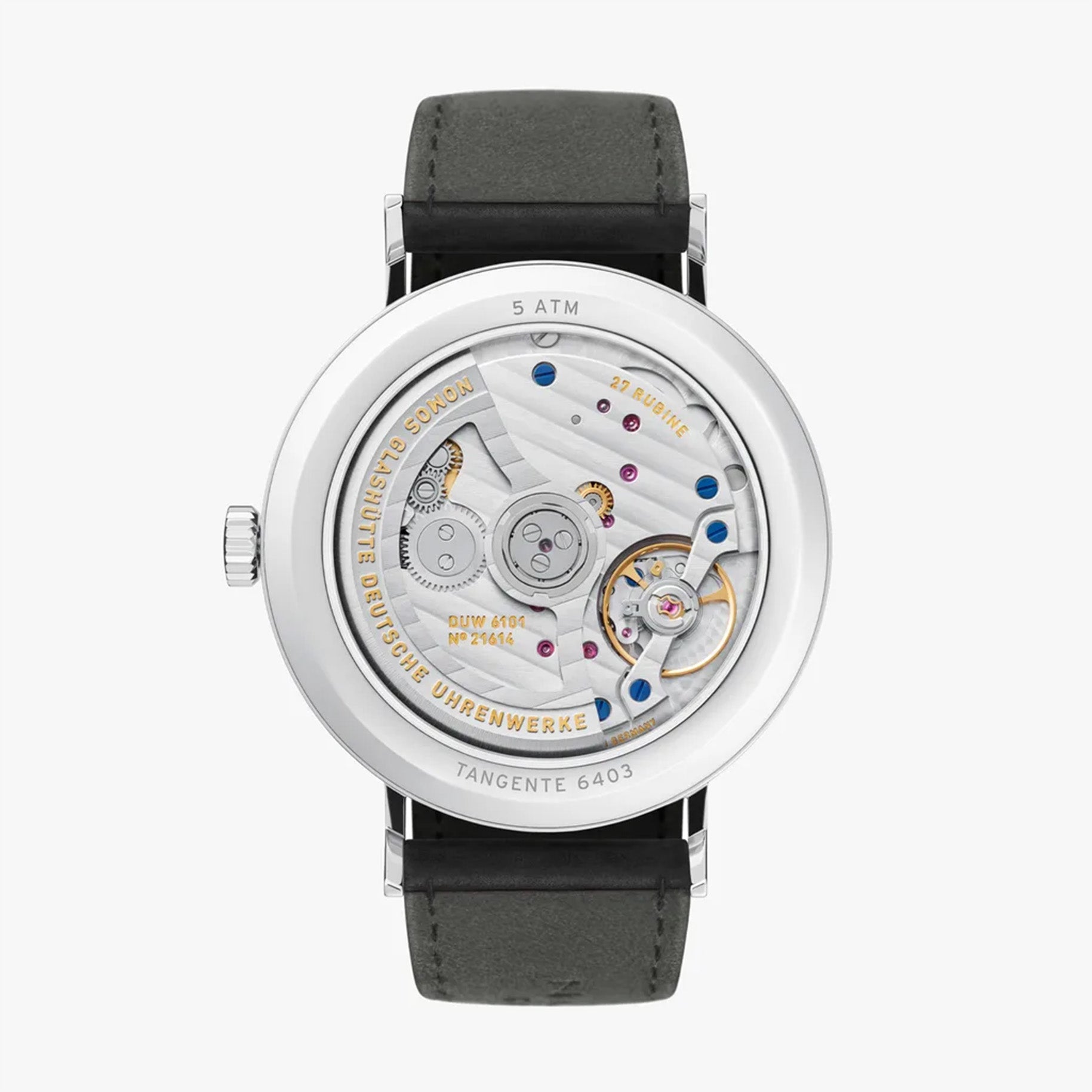 NOMOS Glashütte Tangente Neomatik 41mm watch with midnight blue dial, stainless steel case, and black leather strap on white background, exhibition case back view.