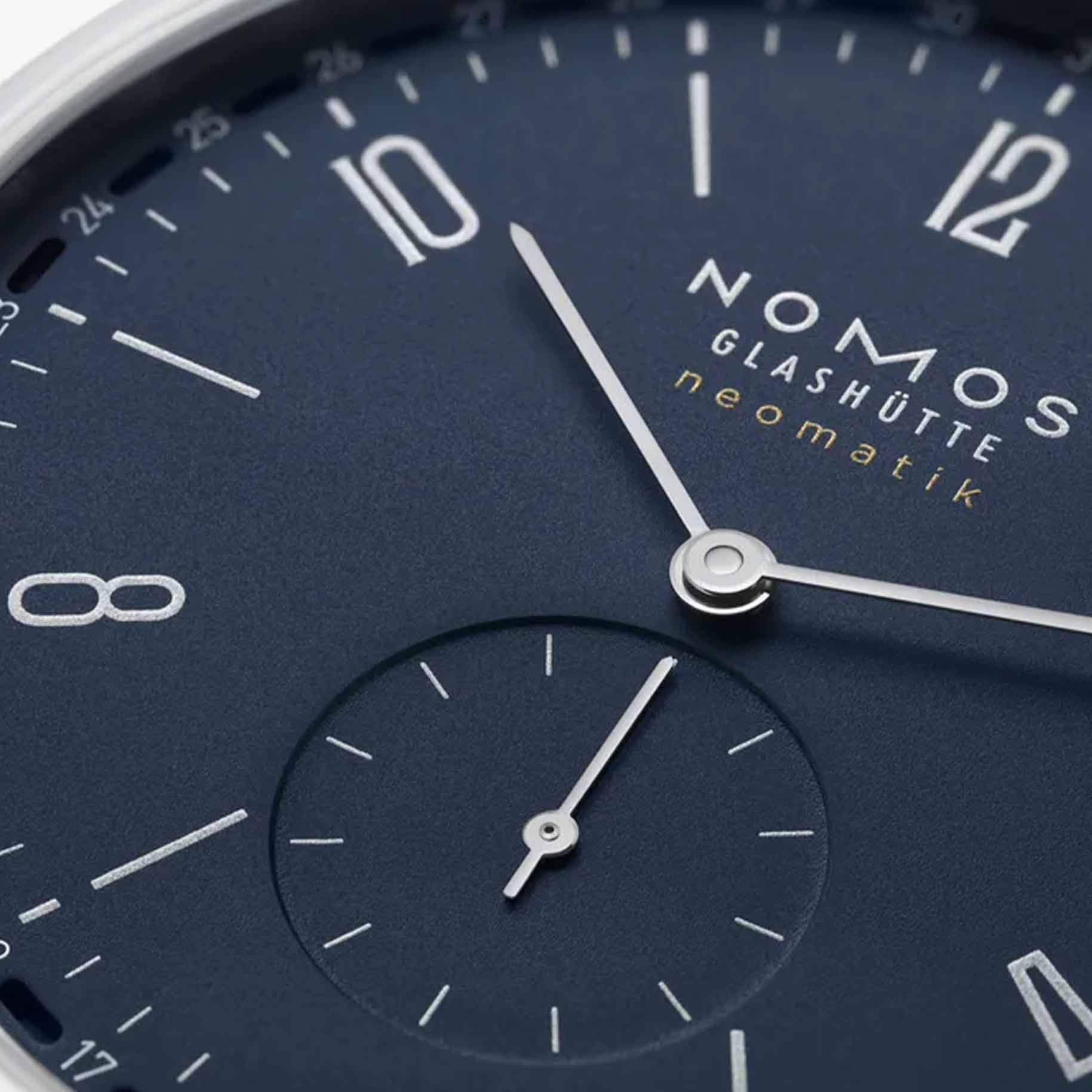 NOMOS Glashütte Tangente Neomatik 41mm watch with midnight blue dial, small seconds sub dial closeup