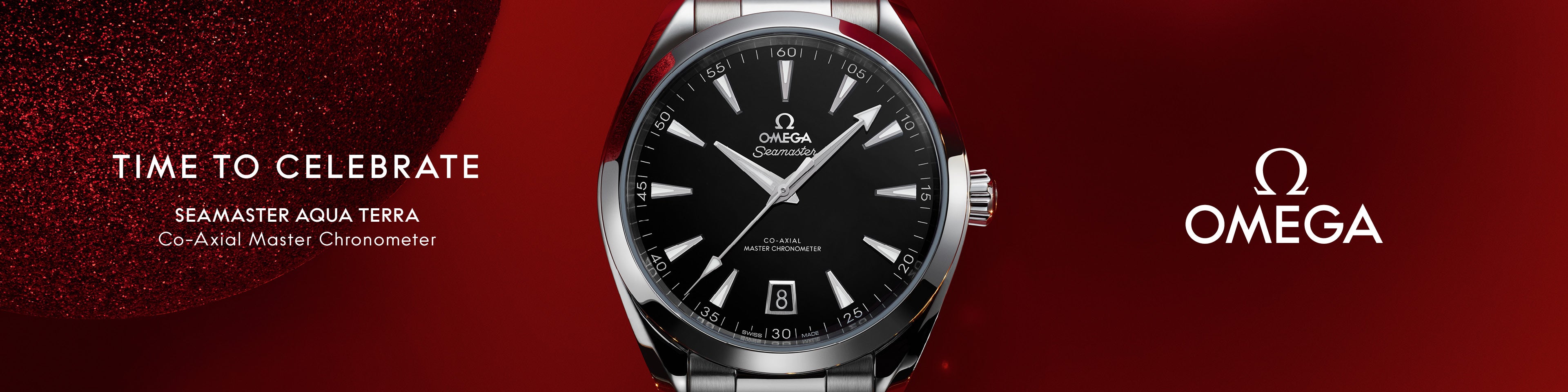 OMEGA Seamaster Aqua terra black dial watch on festive holiday red background