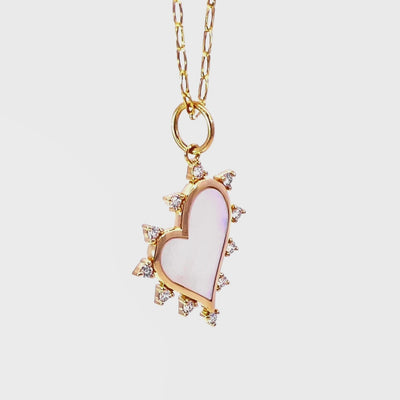 Yellow gold white mother of pearl and diamond heart pendant necklace 360 view