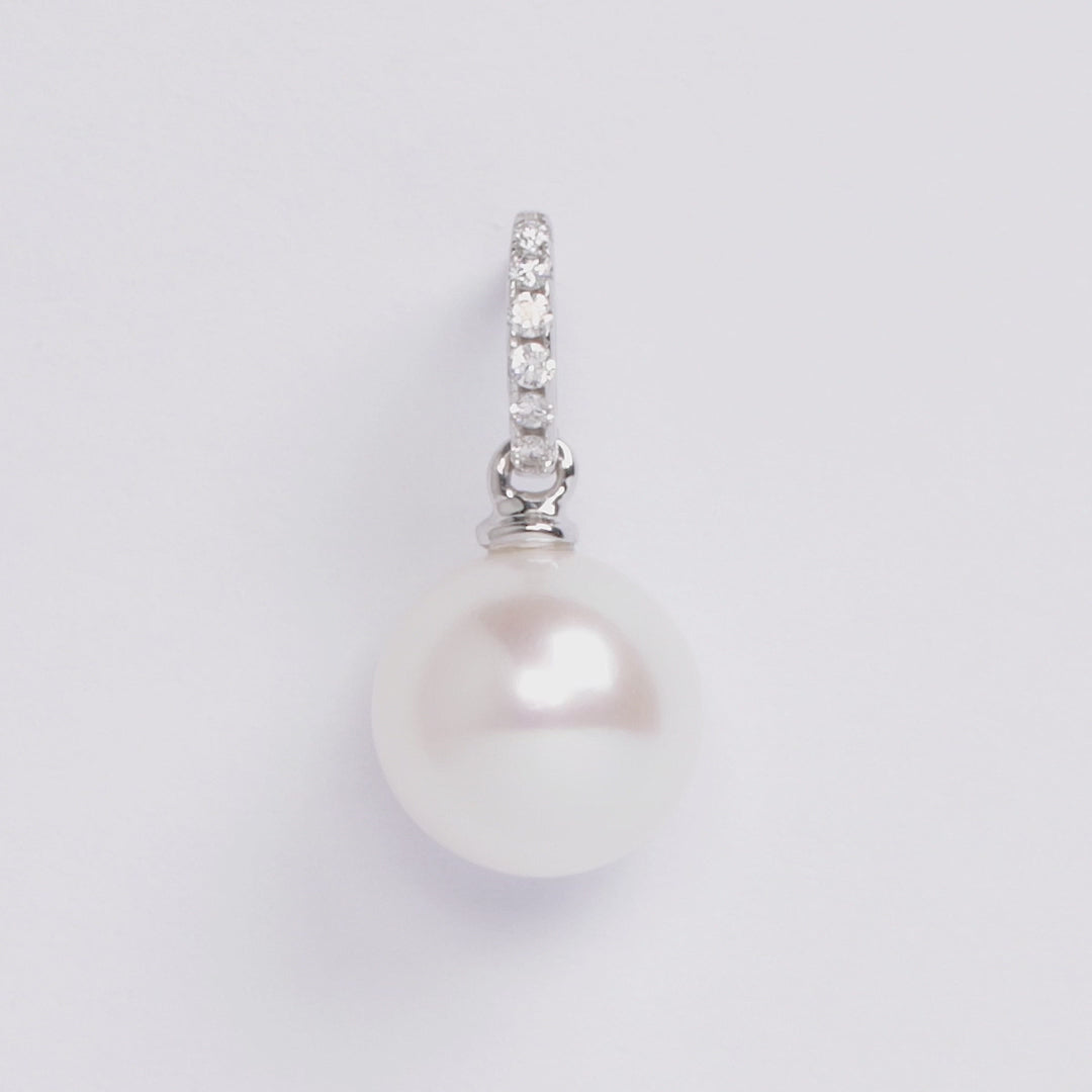 White gold pearl and diamond drop earrings 360 spin view