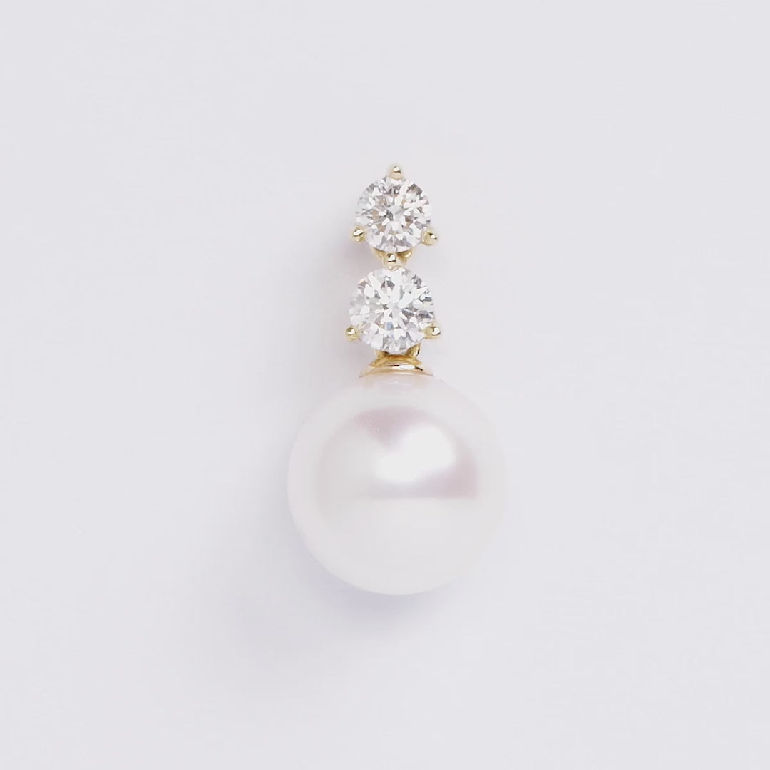 Yellow gold pearl and diamond drop earrings 360 view