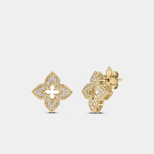 Ventian Princess Pavé Diamond Small Flower Stud Earrings in Yellow Gold