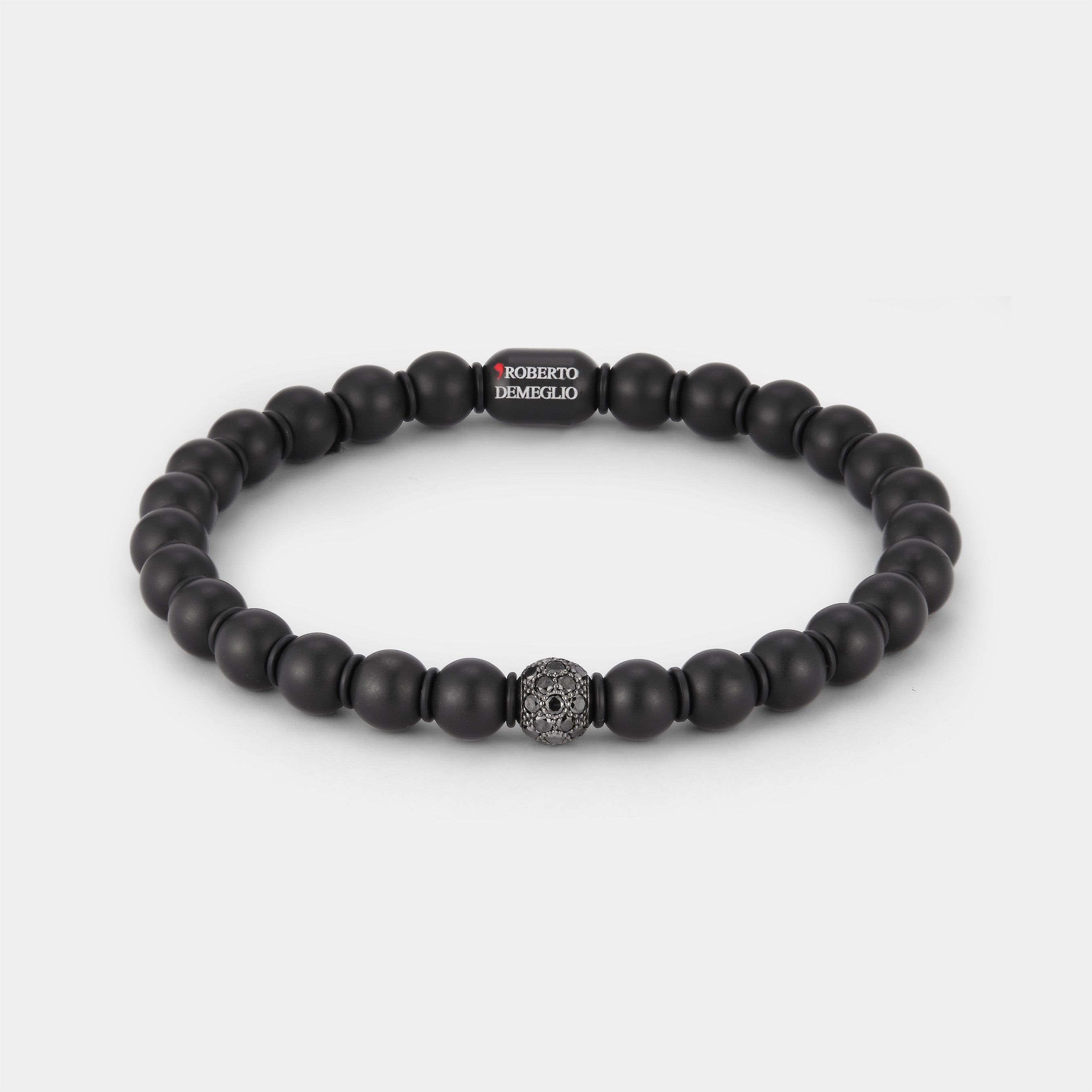 Roberto Demeglio Sfera matte black ceramic bead bracelet with one round black diamond pavé bead on a white background, front angle view.