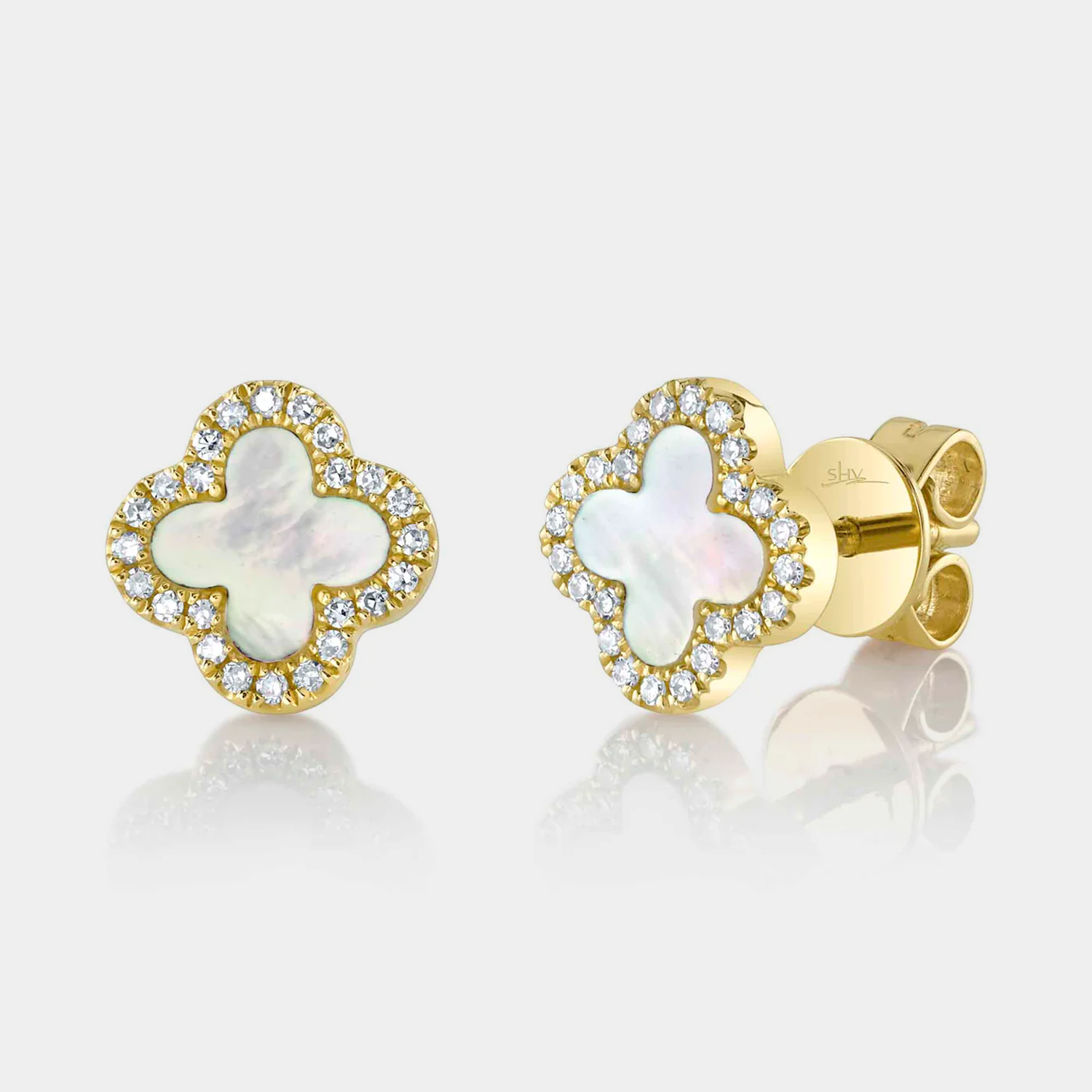Diamond & Mother of Pearl Clover Yellow Gold Stud Earrings