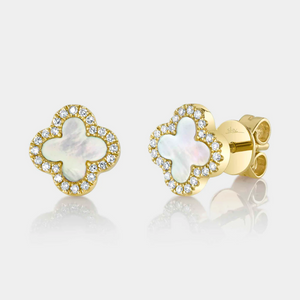 Diamond & Mother of Pearl Clover Yellow Gold Stud Earrings