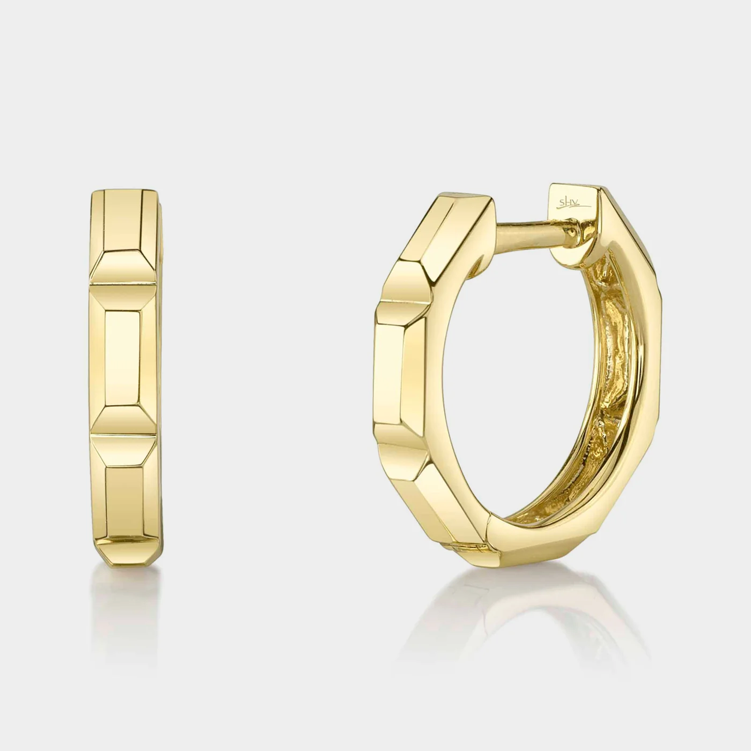 Yellow Gold Octagon Geo Cut Huggie Earrings