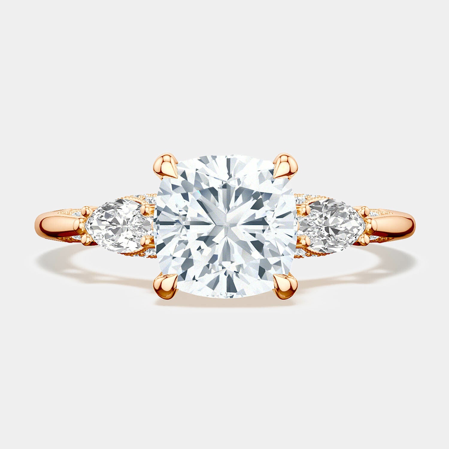 Cushion 3-Stone 18k Rose Gold Engagement Ring - 2685