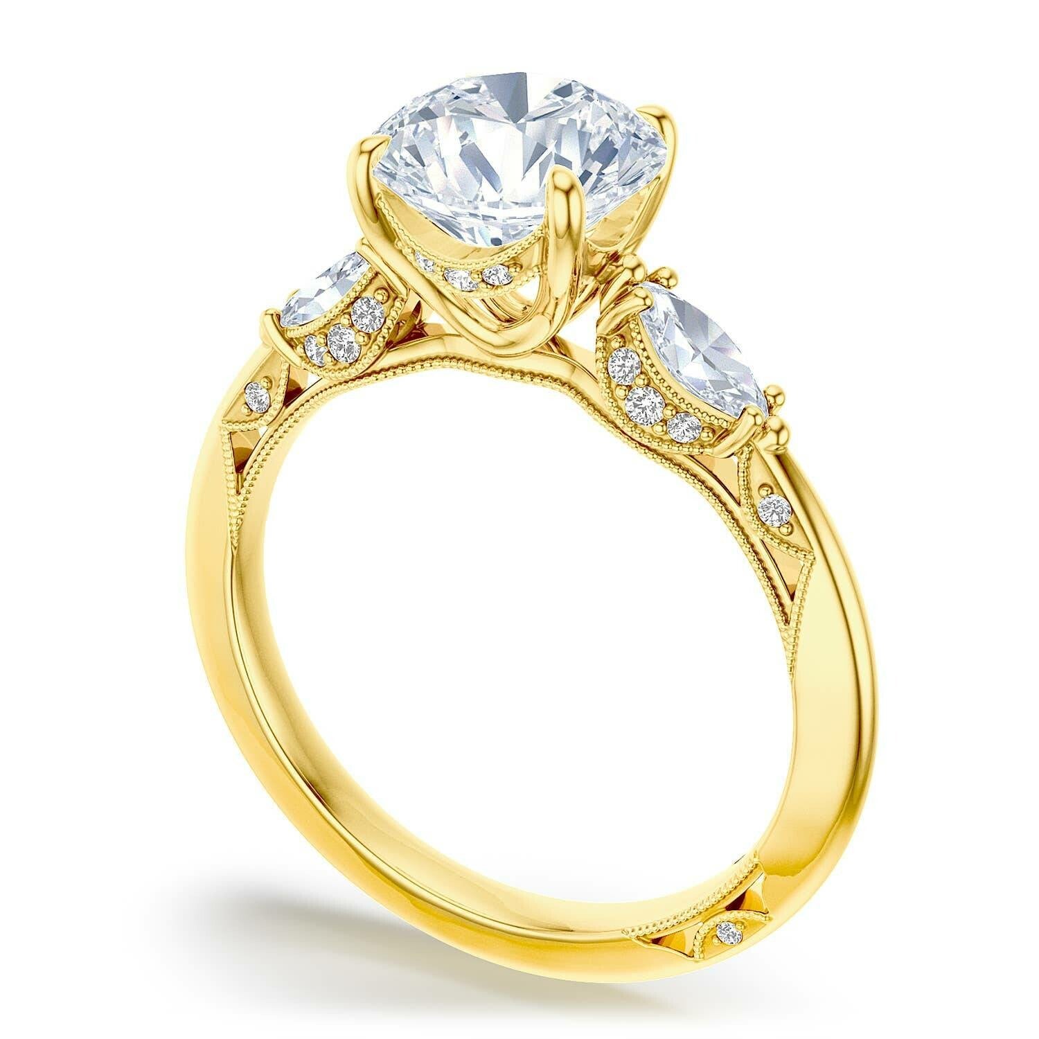 Round 3-Stone 18k Yellow Gold Engagement Ring - 2685