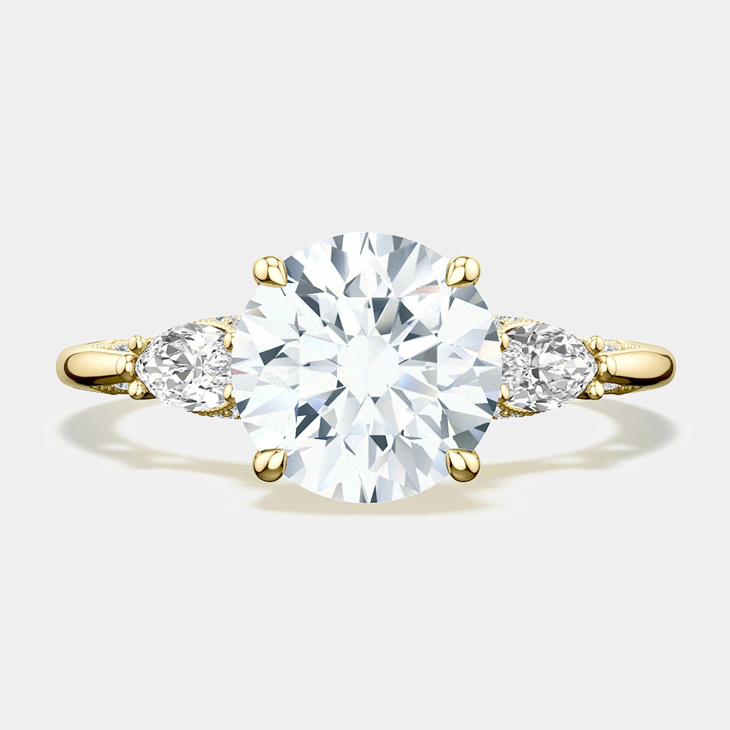 Round 3-Stone 18k Yellow Gold Engagement Ring - 2685