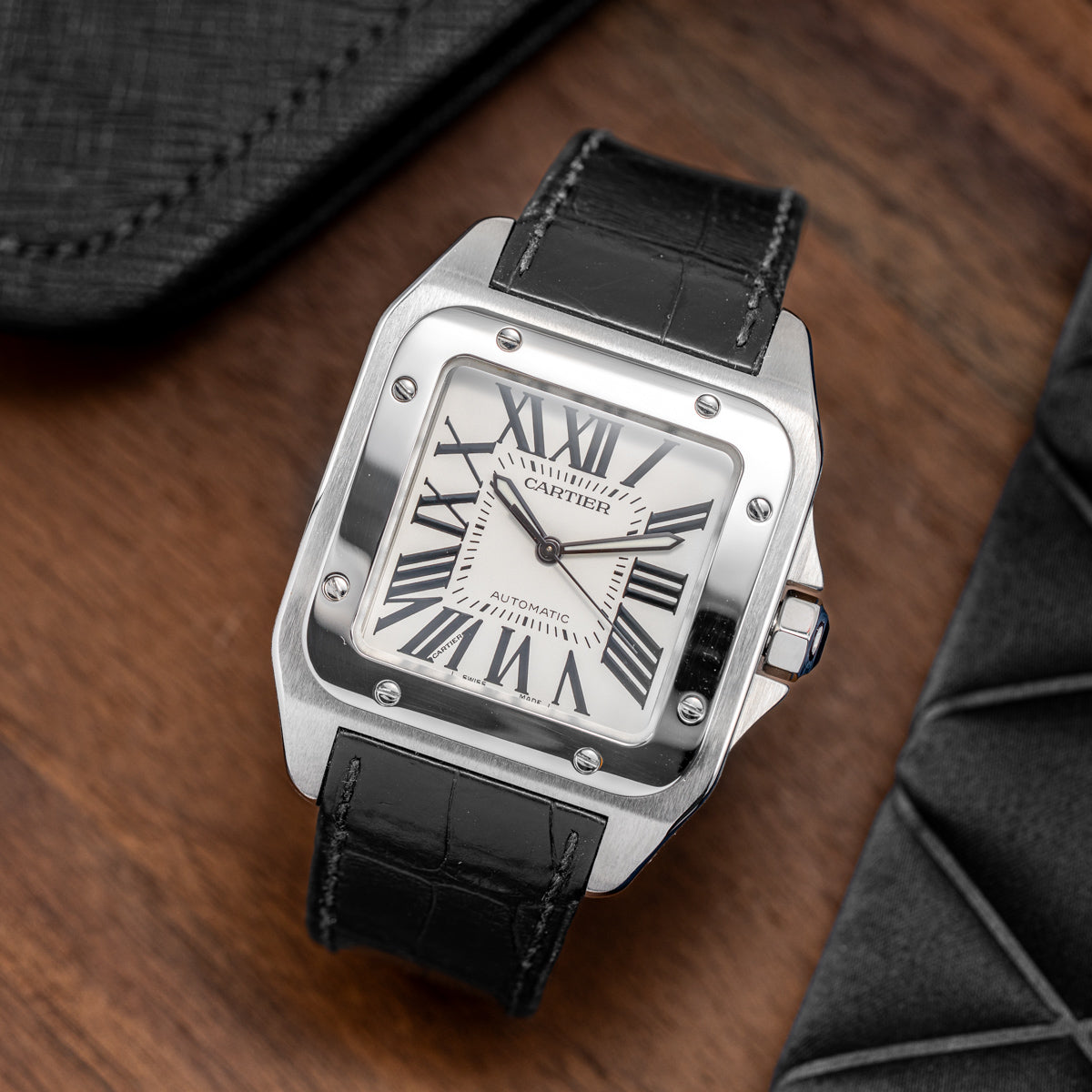 Cartier Santos 100 White Dial on Strap -  W20073XB