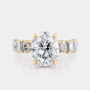 Oval Side Stone 18k Yellow Gold Engagement Ring - R814