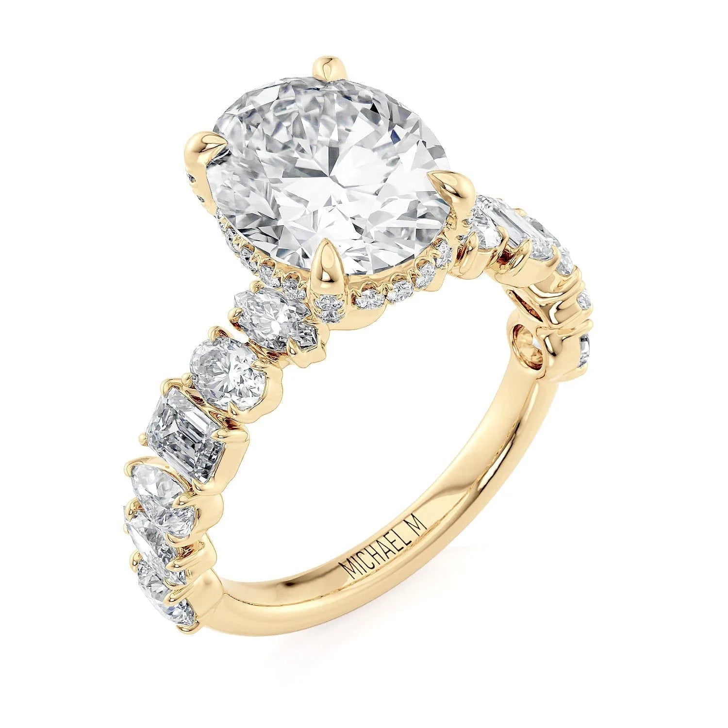 Oval Side Stone 18k Yellow Gold Engagement Ring - R814