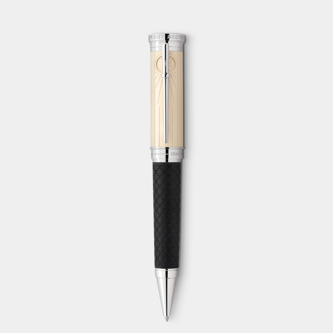Pen with black textured grip and silver accents on a white background