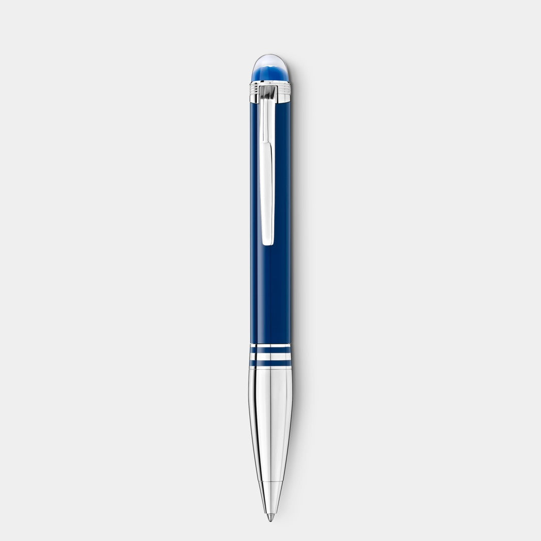 Blue pen with silver accents on a white background