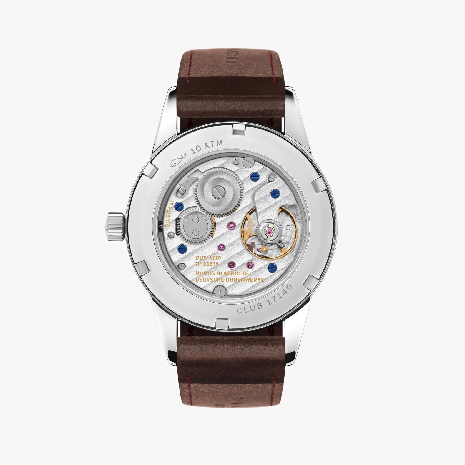 NOMOS Glashütte Club 36mm watch with white silver-plated dial, black and red hands, and brown Horween leather strap on white background, exhibition caseback view.