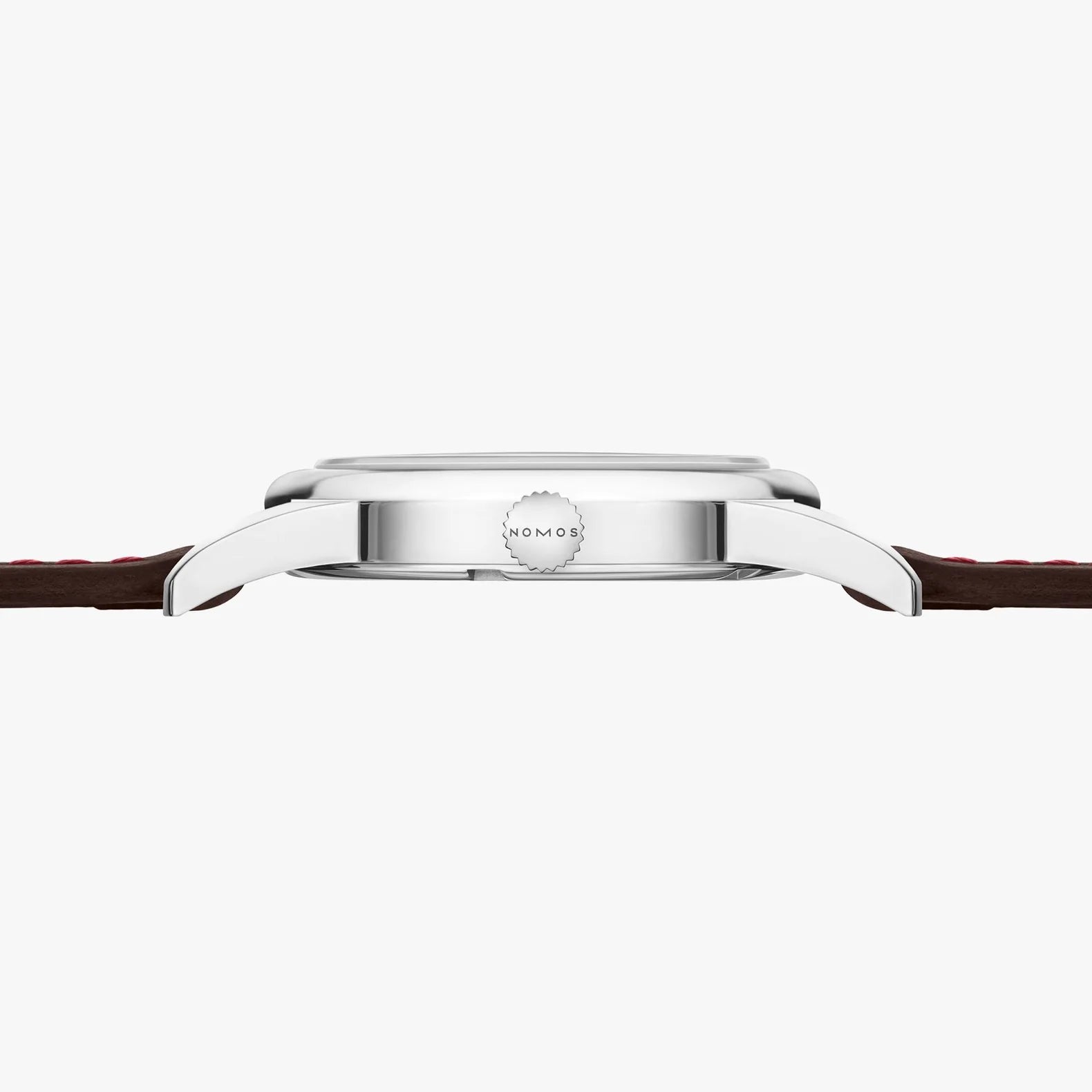 NOMOS Glashütte Club 36mm watch with white silver-plated dial, black and red hands, and brown Horween leather strap on white background, side case crown view.