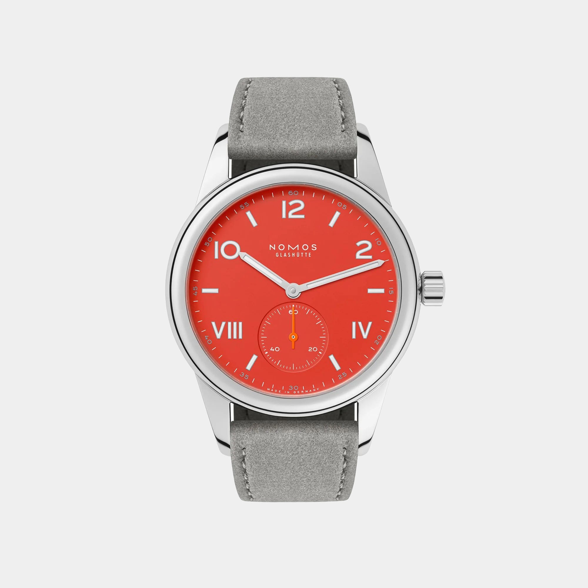 NOMOS Glashütte Club Campus 36mm watch with bold red dial, white luminous hands, and vegan velvet gray strap on gray background, front view.
