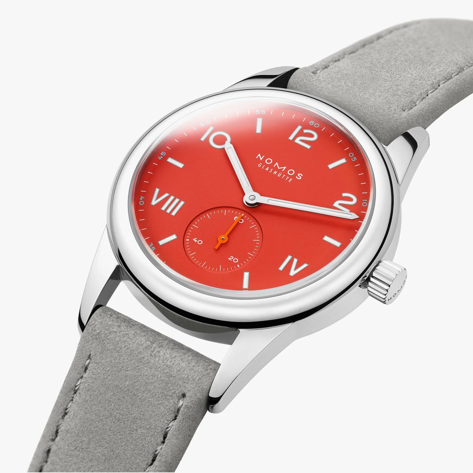 NOMOS Glashütte Club Campus 36mm watch with bold red dial, white luminous hands, and vegan velvet gray strap on white background, side angle view.