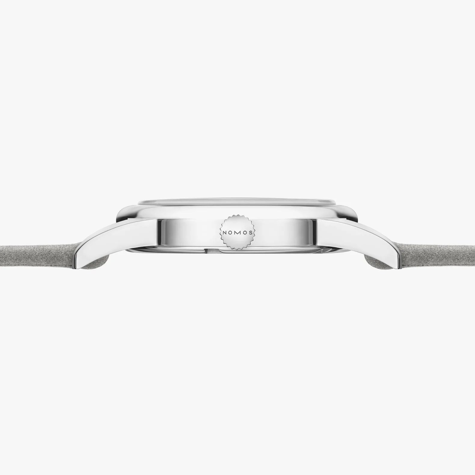 NOMOS Glashütte Club Campus 36mm watch with bold red dial, white luminous hands, and vegan velvet gray strap on gray background, side view.