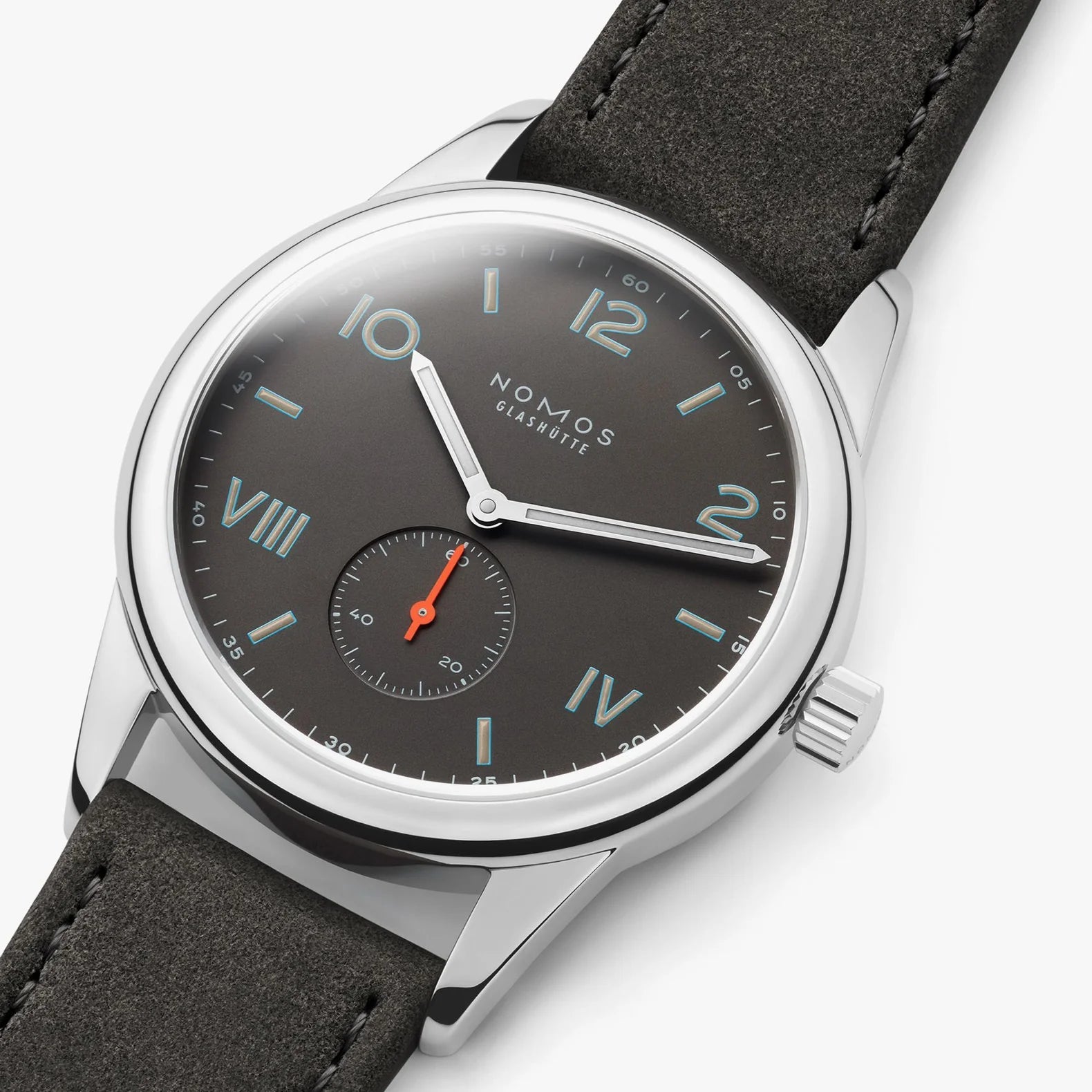 NOMOS Glashütte Club Campus 38.5mm watch with dark ruthenium-plated dial, blue luminescent numerals, and vegan anthracite strap on white background, flat lay dial view