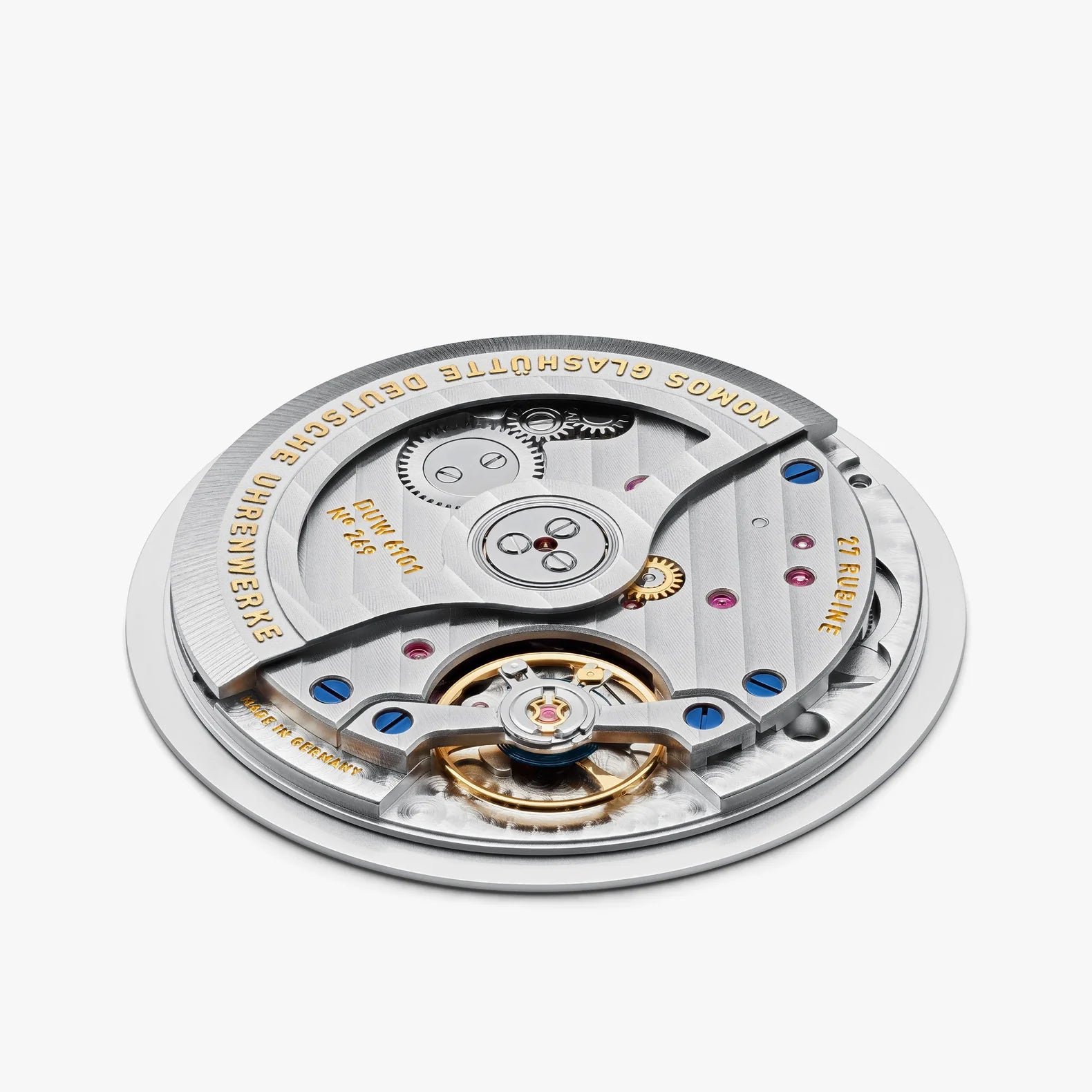 Close-up of a watch mechanism with visible brand name on a white background