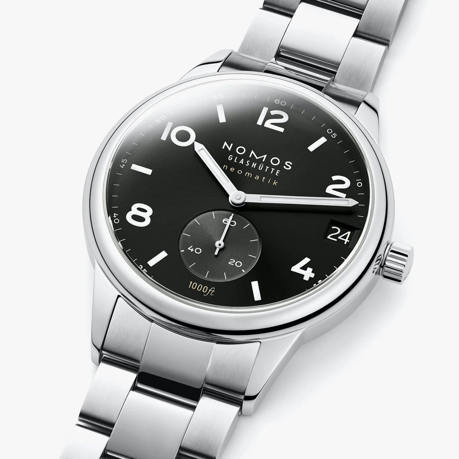 NOMOS Glashütte Club Sport Neomatik 42mm watch with black dial, luminous hands, and stainless steel bracelet on grey background, flat lay view.