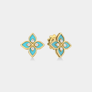 Venetian Princess Diamond & Cyan Enamel Flower Stud Earrings